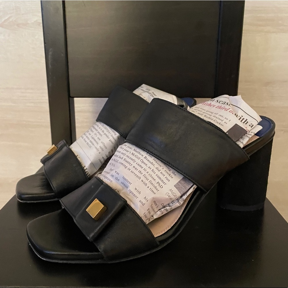 Stuart Weitzman Ella 80 Black Leather Mule Sandals with Suede Block Heels